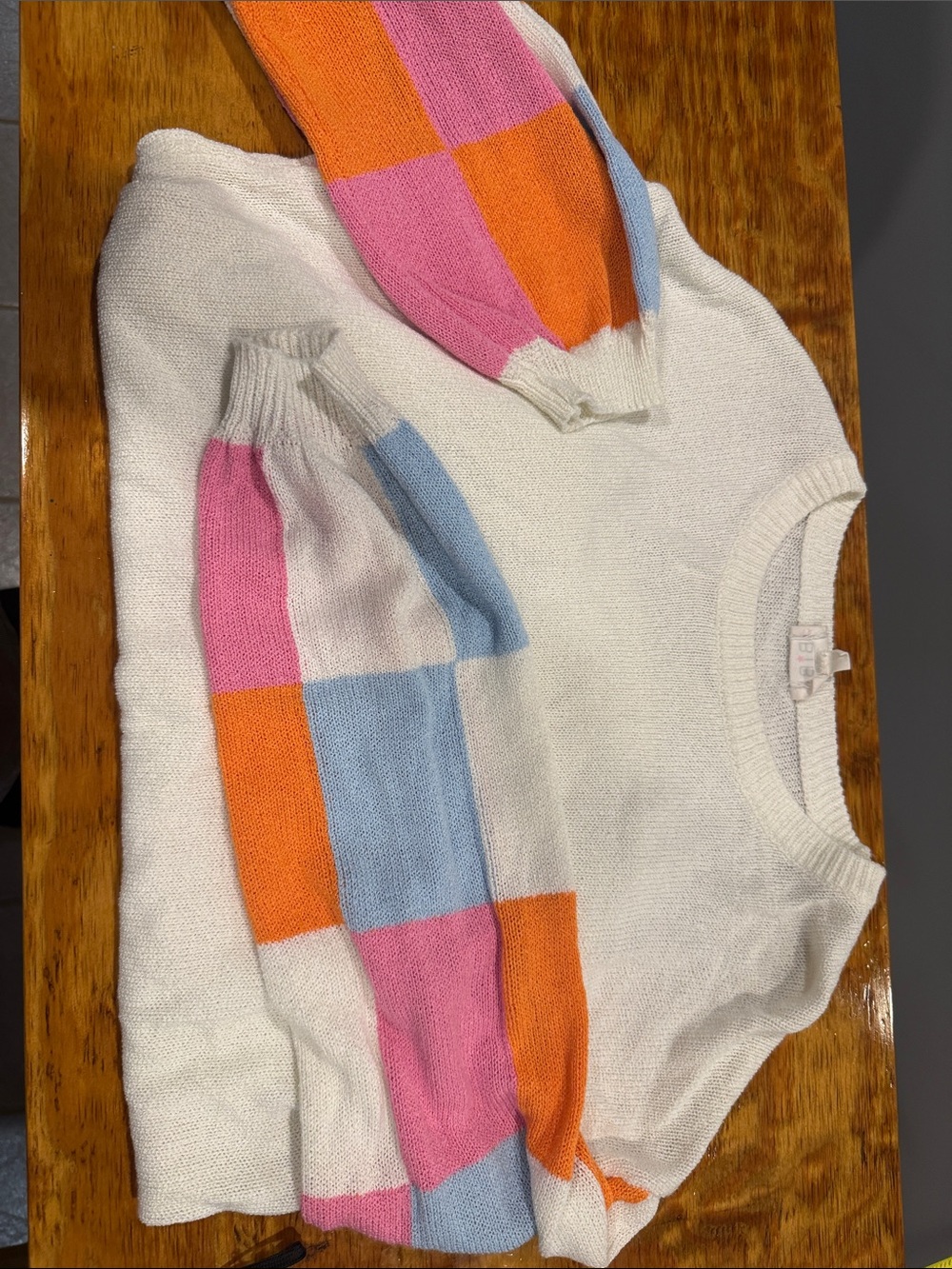 BiBi Cream Crewneck Sweater with Pink, Orange and Blue Colorblock Sleeves